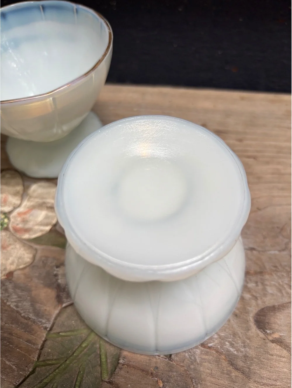 Vintage Opalescent Footed Dessert Bowls Set of 4, Gold Rim, Mid Century